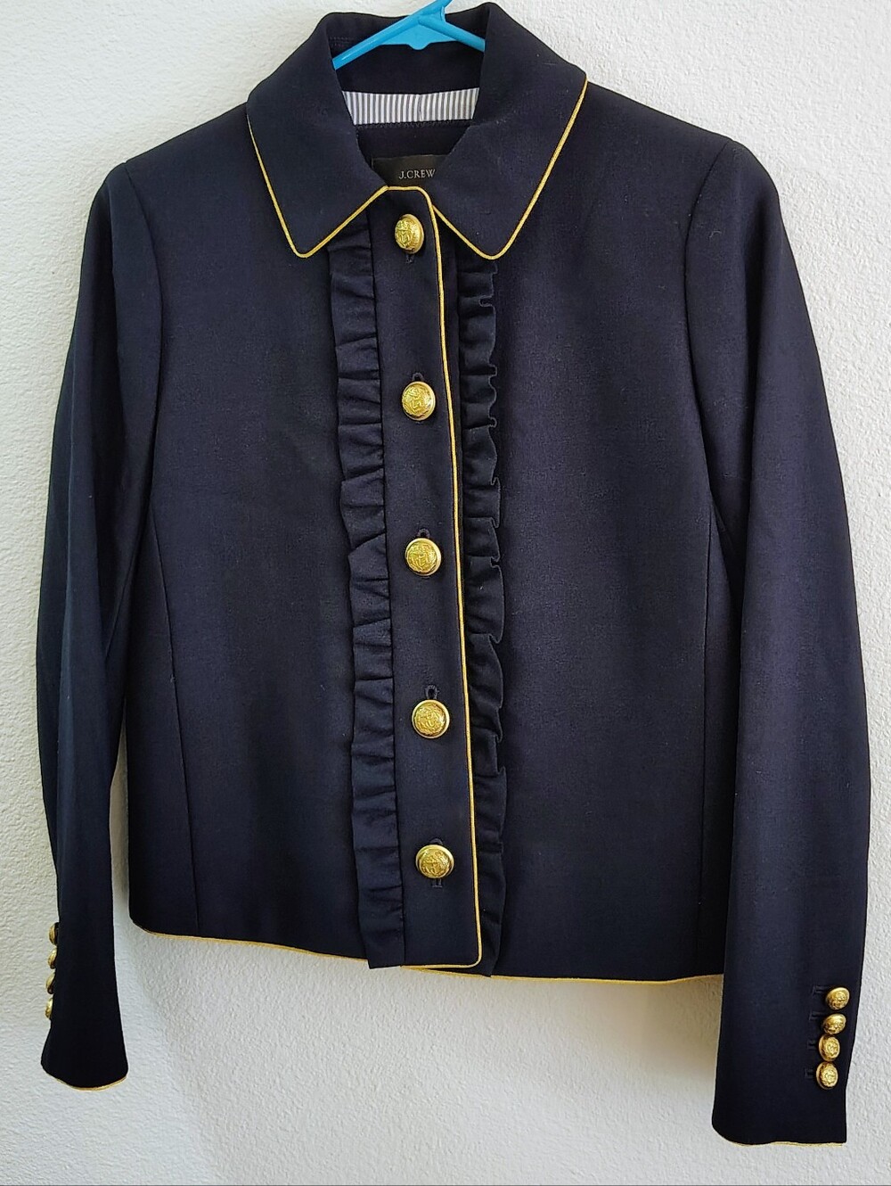 J.Crew Navy Jacket with Gold Piping & Buttons with Ruffles Down the Front Size 0 - Picture 3 of 15